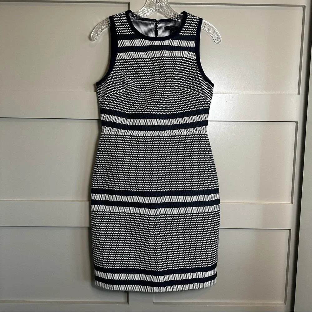 J Crew Sheath Dress Woven Striped Navy White Tweed Indigo Blue Bow Lined Sz 4P - Picture 1 of 11